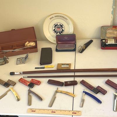 Men’s Lot - Gun Cleaning Kits, Vintage Canes, & Vintage Shaving Razors