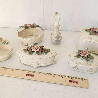 6pc Reina Califa Bone China Rose Trinket Dishes/Boxes