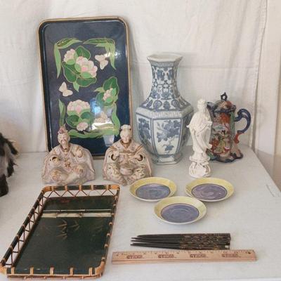 Vintage Asian Ceramics, Trays - Teapot, Figures, Vase, Chopsticks