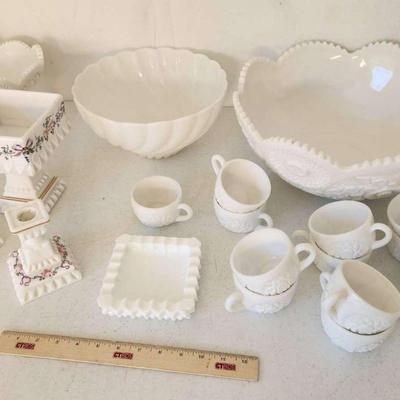 20pc Vintage Milk Glass - Punch Bowl & Cups, Westmoreland Candlesticks