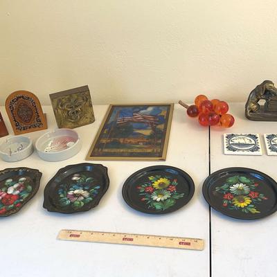 Vintage Decor - Lucite Grapes, America Stained Glass, Russian Toleware Plates