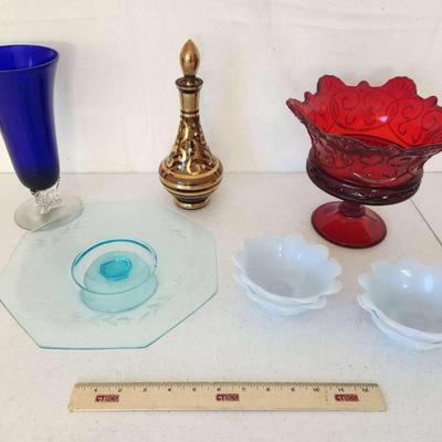 8pc Vintage Art Glass - Fostoria, Handpainted Decanter, Fire King Bowls