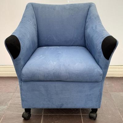 Blue Suede Barrel Chair On Wheels