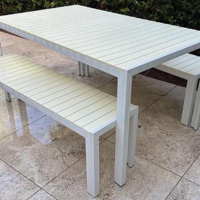 White Faux Wood Plank Table & Benches