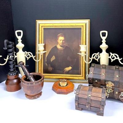 Vintage Decor With Carved Mortar And Pestle, Brass Sconces And Rembrandt Young Girl Framed Print