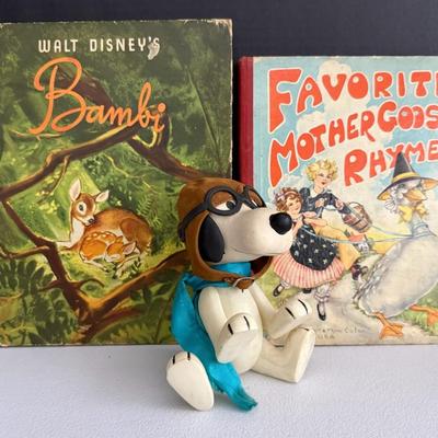 Early Children’s Books (2) With Bambi & Mother Goose, Plus 1966 Snoopy Red Baron Figure