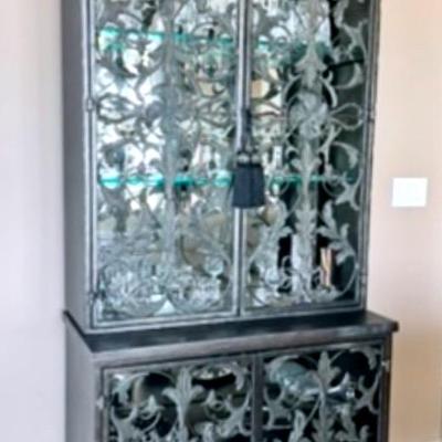 Tall Reticulated Metal And Glass Cabinet With Wine Storage 