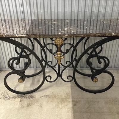 French Style Wrought Iron Console Table With Marble Top