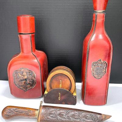 Vintage Leather Wrapped Liquor Bottles With Carved Indo-Persian Dagger With Sheath 