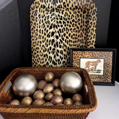 French Lacquer Leopard Tray With Wicker Basket And Decor 