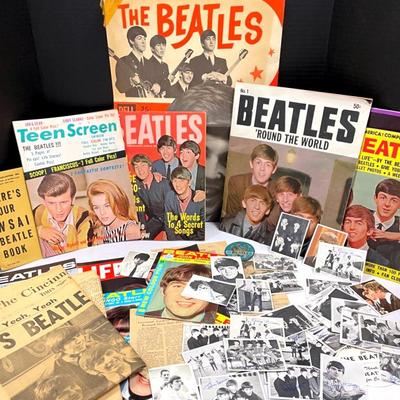 Box Of 1964 Beatles Memorabilia With Magazines, Topps Trading Cards, Poster And More 
