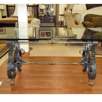 Epic Dining Room Table With Heavy Glass Top & Wrought Iron Black/Bronze Scrolled Base 