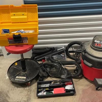 Shop Vac With Toolbox, Mechanics Rolling Stool And Hand Vac