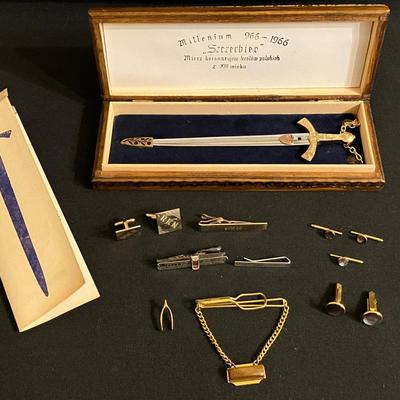 Cuff Links, Tie Clips (1 Sterling), and Miniature Polish Coronation Sword "Szczerbiec" Letter Opener
