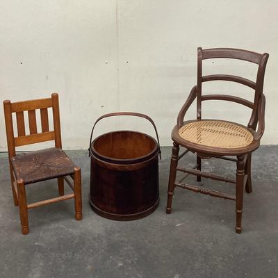 Primitive Wooden Firkin Bucket, Children's Woven Wicker Chair, and Cane Seat Chair