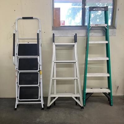 Folding Step Ladder, Westway Adjustable Ladder, and 6 Ft Werner Ladder 