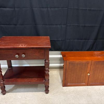 Dark Wooden Nightstand and Cherry Two Door Storage Cabinet