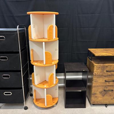 Two Storage Bookshelf, 5 Drawer Fabric Storage Cart, and 4 Tier Book Carousel