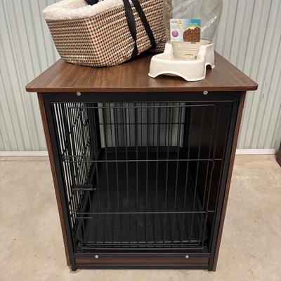Dark Wood Dog Kennel And Dog Bowl + Dog Bed/toy Holder