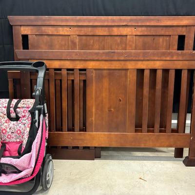 Large Wooden Baby Crib and pink Foldable Stroller
