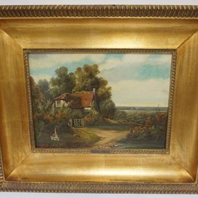 Sale Photo Thumbnail #149: 1149	OIL PAINTING ON CANVAS, JAMES VICKERS, IMAGE OF COTTAGE IN FOREST, APPROXIMATELY 31 IN X 25 IN OVERALL, HOLE IN LOWER LEFT
