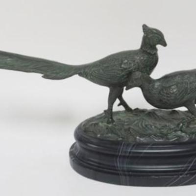 Sale Photo Thumbnail #148: 1148	CONTEMPORARY BRONZE FINISHED METAL CAST OF PHEASANTS, APPROXIMATELY 5 IN X 23 IN X 9 IN H
