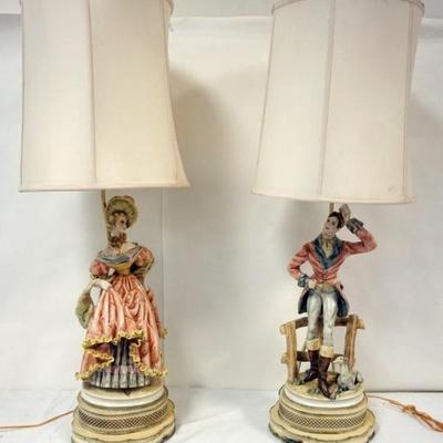 Sale Photo Thumbnail #140: 1140	PAIR OF PORCELAIN FIGURAL TABLE LAMPS OF MAN AND WOMAN, EACH APPROXIMATELY 39 IN H
