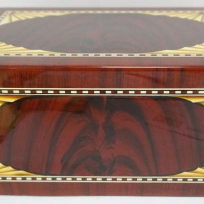 Sale Photo Thumbnail #144: 1144	CIGAR HUMIDOR WITH BANDING AND FAN CORNERS, APPROXIMATELY 15 IN X 10 IN X 8 IN H
