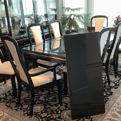 Black Dining Table With 8 Chairs Extra Leaf And Table Pads 
