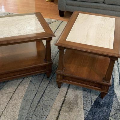 Pair Of Side Tables With Marble Style Inlay 