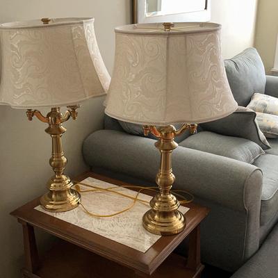 Pair Of Brass Lamps With Brocade Shades