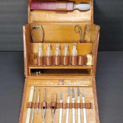 Vintage Surgical Kit In Leather Case with Scalpels, Glass Medical Vials