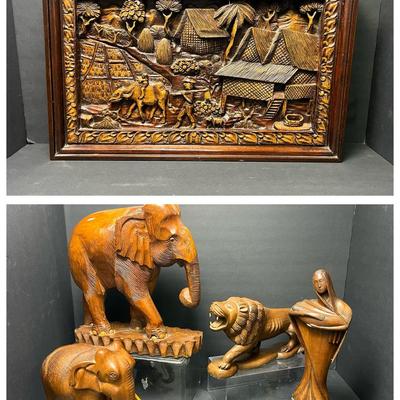 Southeast Asian Hand Carved Wood Relief Panel Plus Carved Elephants, Lion, More