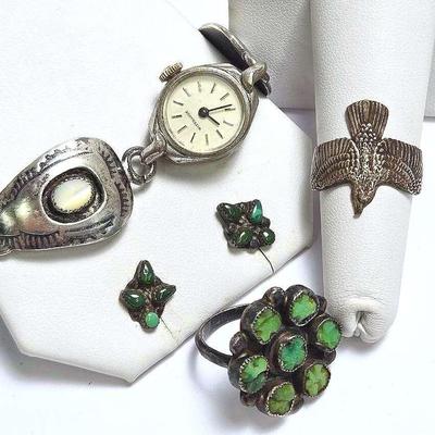 Sterling Silver J.M. Begay Navajo Concho Watch Band, Southwestern Turquoise & Bird Rings 