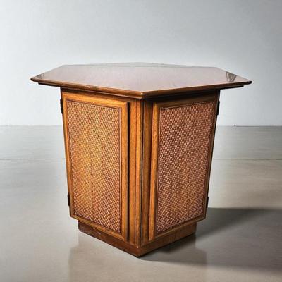 Mid Century Hexagonal Cane Door Side Table With Walnut Finish