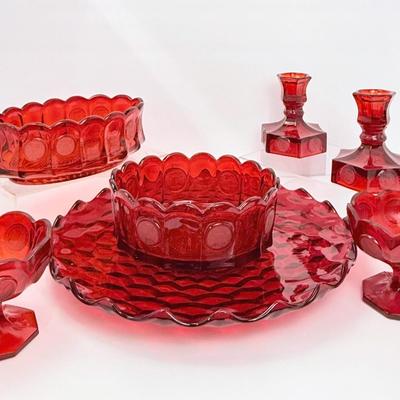 Fostoria Ruby Red Coin Glass Bowls, Candleholders & Tray 