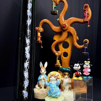 Wood Crank Ferris Wheel 18”h, Hall Crystal Flute, Schmid Beatrix Potter Music Box Figurines, More