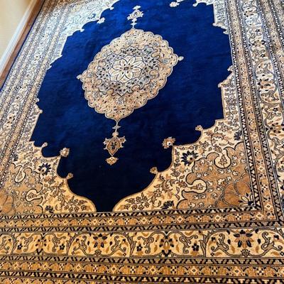 Persian Style Room Sized Royal Blue, Gold & Cream Wool Blend Rug