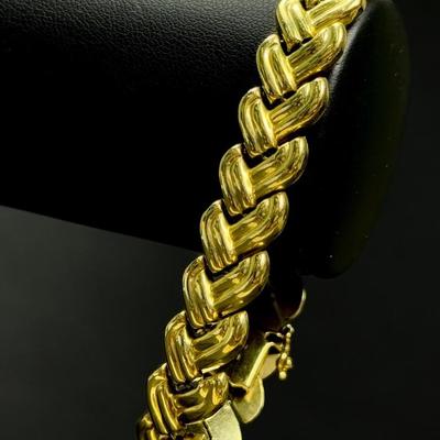 14K Gold Weave Pattern Wide Link Bracelet - 7.5"