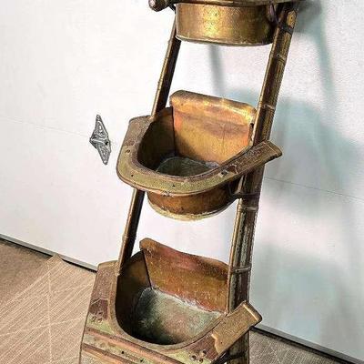 Vintage Camel Saddle Converted to Tiered Stand, Wood With Hand Etched Brass & Copper