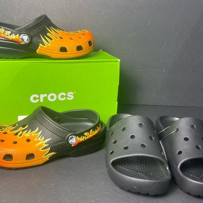 New Crocs, Youth Size 3 - Classic Flame Print Clogs & Black Slide Sandals