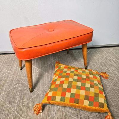 Mid Century Orange Vinyl Stool With Maple Legs & Needlepoint Pillow