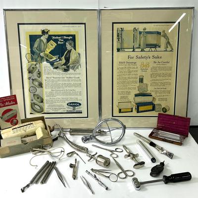 Vintage Medical Instruments & Framed 1918 Advertisments (2), 20x15"