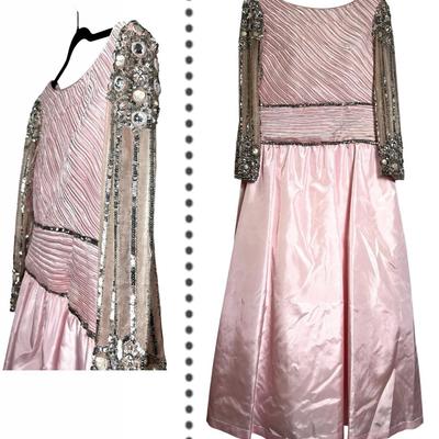 Vintage Lillie Rubin Pink Satin Evening Dress with Beaded & Seqined Sheer Sleeves Dress - Size 14