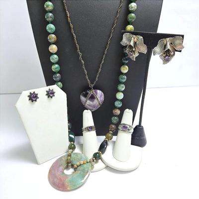 Sterling Silver & Amethyst 24" Necklace, Earrings, Rings -Size 5.25, 6.5; Plus 32" Agate Necklace