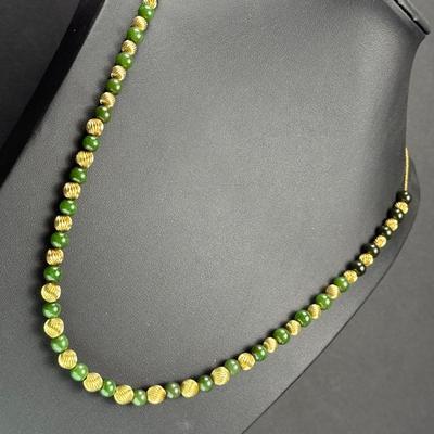 14K Gold 30" Necklace with Gold & Nephrite Beads
