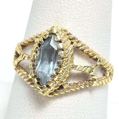 14K Gold Aquamarine Ring with Textured Split Shank- Size 8