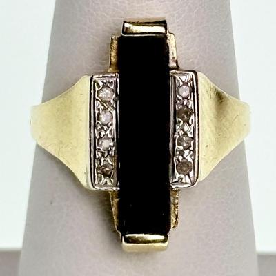 14K Gold Art Deco Style Onyx & Diamond Ring  - Size 6.5