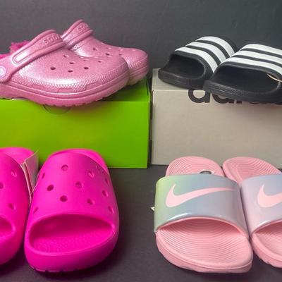 Youth Size 1 Sandals Crocs Pink Glitter & Fuchsia, Nike Pink Slides, Adidas Black White Slides