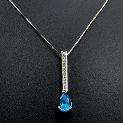 14K White Gold Blue Topaz & Diamond Pendant On 18" Fine Box Chain 